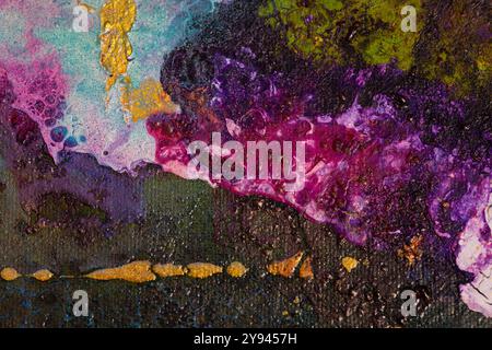 A vibrant and colorful abstract texture featuring a rich mix of hues and intricate patterns. This image uses mixed media elements to create a dynamic Stock Photo