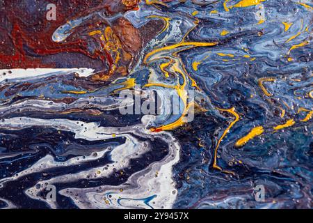 This abstract oil painting depicts a captivating blend of vibrant blue, yellow, and red swirls. The intricate patterns create a visually dynamic and m Stock Photo