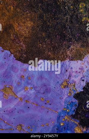 This vibrant abstract art features a captivating blend of black and brown hues merging into a rich purple with accents of gold. The texture and colors Stock Photo