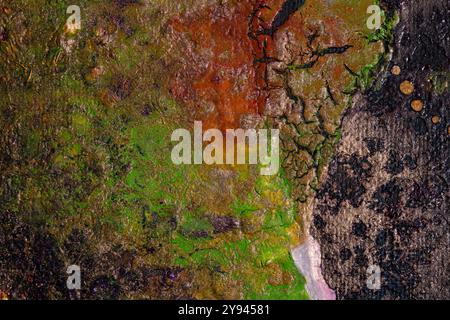 A detailed macro shot of a vibrant, multi-colored painted surface showcasing rich green, orange, and dark tones. Natural cracks and textures are visib Stock Photo