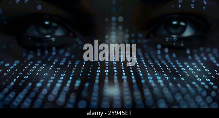 Pair of human eyes merge into streaming binary code. Conceptual representation of merging of physical and digital worlds. AI generated, AI generated, Stock Photo