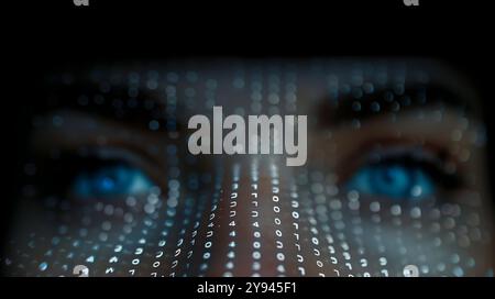 Pair of human eyes merge into streaming binary code. Conceptual representation of merging of physical and digital worlds. AI generated, AI generated, Stock Photo