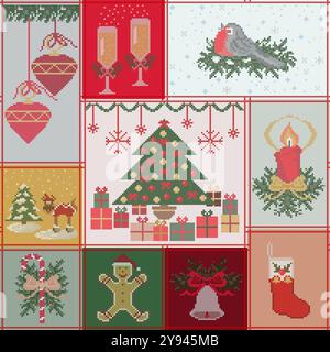 Christmas patchwork style vector seamless pattern. Cross stitch embroidery, winter holidays traditional ornament, xmas background, repeat pattern text Stock Vector