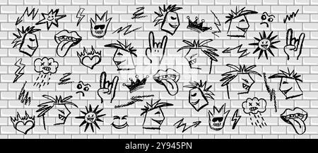 Grunge rock set on metro brick wall of black elements. Wax pencil drawing mouth with tongue hanging out, colorful charcoal stroke cartoon cloud in the Stock Vector