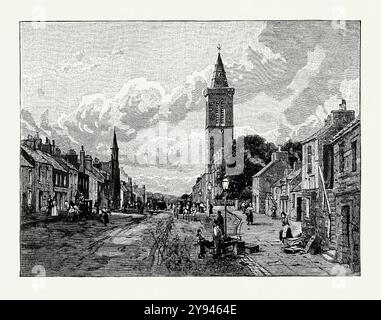 An old engraving of street life looking west on North Street, St Andrews, Fife, Scotland, UK in c.1800. It is from a Victorian history book of c.1900. There are street traders, and horses and carriages/carts. The street is dominated by the tower of the Church of St Salvator, part of St Salvator's College, founded in 1450 by Bishop James Kennedy. St Andrews is a town on the east coast of Fife in Scotland. The town is home to the University of St Andrews, the third oldest university in the English-speaking world and the oldest in Scotland. It is often thought of as the ‘home’ of golf. Stock Photo