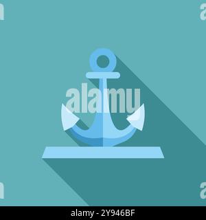 Minimalist vector illustration of a blue anchor casting a long shadow, symbolizing stability and security on a vibrant turquoise background Stock Vector