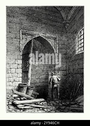 An old engraving of the cellar where the ‘Gunpowder Plot’ explosives were discovered, below the Palace of Westminster, London, England, UK in 1605. It is from a Victorian history book of c.1900. In 1604 Guy (Guido) Fawkes (1570–1606) became involved with a small group of English Catholics, led by Robert Catesby, who planned to assassinate the Protestant King James I and replace him with a Catholic monarch. The plotters leased an undercroft (or cellar) beneath the House of Lords and Fawkes was placed in charge of the gunpowder that they stockpiled there. Stock Photo