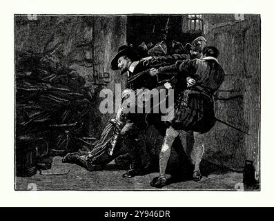 An old engraving of the arrest of Guy Fawkes in the cellar where the ‘Gunpowder Plot’ explosives were, below the Palace of Westminster, London, England, UK in 1605. It is from a Victorian history book of c.1900. In 1604 Guy (Guido) Fawkes (1570–1606) became involved with a small group of English Catholics, led by Robert Catesby, who planned to assassinate the Protestant King James I and replace him with a Catholic monarch. The plotters leased an undercroft (or cellar) beneath the House of Lords and Fawkes was placed in charge of the gunpowder that they stockpiled there. Stock Photo