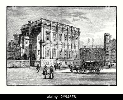 An old engraving of The Banqueting House, Whitehall, Westminster, London, England, UK c.1700. It is from a Victorian history book of c.1900. The Banqueting House is a grand venue, constructed for elaborate entertaining. It is the only large surviving part of the Palace of Whitehall, the residence of English monarchs. It was first building to be completed in the classical style of Palladian architecture which was to transform English architecture. Begun in 1619 and designed by Inigo Jones in a style influenced by Andrea Palladio, it was completed in 1622. Stock Photo