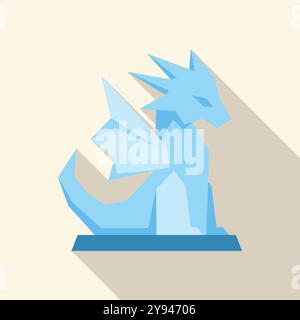 Blue ice dragon statue sitting on a pedestal, simple flat design with long shadow Stock Vector