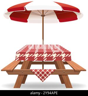 Wooden picnic table and parasol Stock Vector