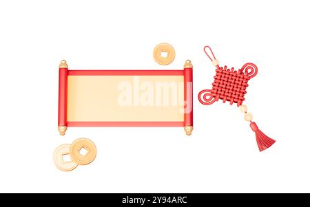 Empty Chinese style scroll, Chinese new year element, empty scroll template, happy new year, Spring Festival theme background, 3d rendering. 3d illust Stock Photo