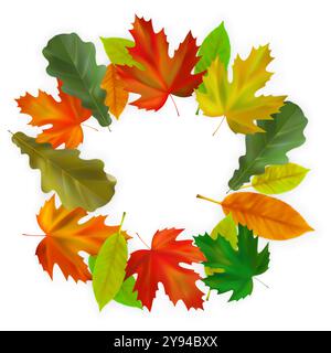 Autumn leaves wreath. Round composition of maple, oak autumn leaves on white background. Vector illustration Stock Vector
