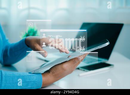 Human hand using tablet touching a virtual screen displaying questions and answers with artificial intelligence, Machine learning, AI technology, AI b Stock Photo