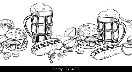 vector illustration of beer snacks, hand drawn board glasses with beer and foam, hamburger, potato slices, shrimp, hot dog sausage, inked sketch for b Stock Vector