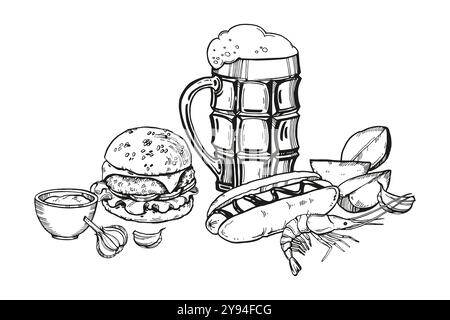 vector illustration of beer snacks, hand drawn board glasses with beer and foam, hamburger, potato slices, shrimp, hot dog sausage, inked sketch for b Stock Vector