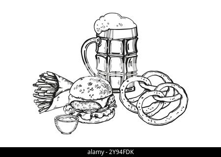 vector illustration of beer snacks, hand drawn composition with glasses with beer and foam, hamburger, pretzels, French fries, sauce, inked sketch for Stock Vector
