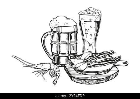 vector illustration of beer snacks, hand drawn composition with two glasses with beer and foam, iron frying pan with bacon and potato slices, shrimp, Stock Vector