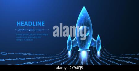 Startup. Digital rocket start. Isolated on blue. Fast web development Stock Vector