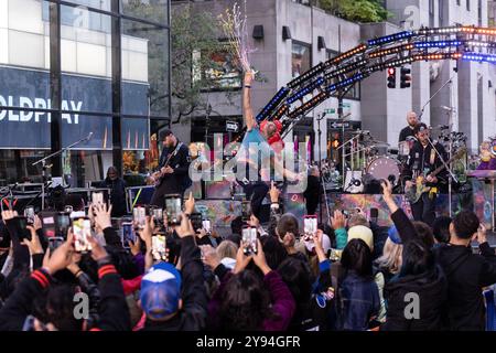 New York, USA. 08th Oct, 2024. Chris Martin performs with Coldplay during NBC Today Show Citi concert seriec at Rockefeller Plaza in New York on October 8, 2024. (Photo by Lev Radin/Sipa USA) Credit: Sipa USA/Alamy Live News Stock Photo