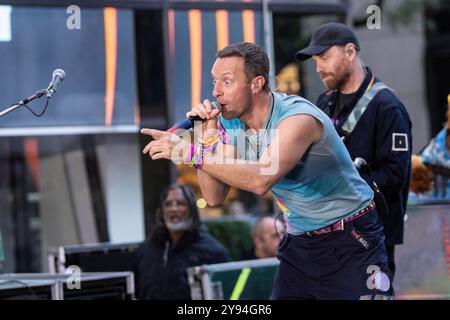 Chris Martin performs with Coldplay during NBC Today Show Citi concert seriec at Rockefeller Plaza in New York on October 8, 2024. (Photo by Lev Radin/Sipa USA) Stock Photo