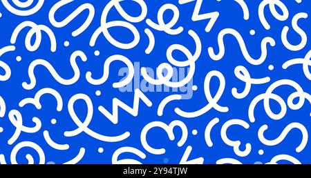 White and blue squiggle line pattern. Vector abstract background with seamless geometric shapes ornament of kids birthday party confetti, creative scribbles, waves and zigzags. Color squiggle pattern Stock Vector