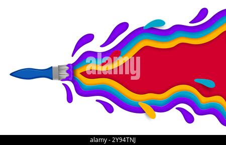 Paper cut brush with paint waves and splashes, vector background. Abstract papercut blank banner with paintbrush strokes or cutout splashing color drops layers for creative art background design Stock Vector