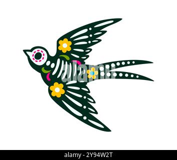 Mexican day of the dead swallow animal tattoo. Isolated vector vibrant sugar skull of flying bird with bones, intricate patterns, bold colors and floral motifs symbolizing cycle of life and death Stock Vector