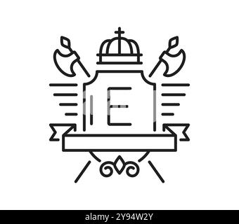Medieval heraldry line icon of heraldic coat of arms with shield and monarch crown, vector emblem. Royal heraldic symbol of king crown with crossed knight axe swords on shield with antique ribbon Stock Vector