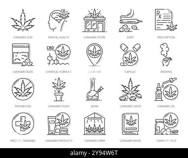 Cannabis line icons of CBD and marijuana weed extract for medical smoking, vector pictograms. Cannabis line icons of marijuana leaf and buds, CBD oil, smoking bong and cannabinoid chemical formula Stock Vector