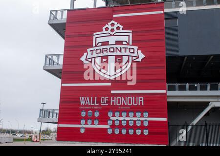 Toronto, ON, Canada – April 5, 2024:  Toronto F.C. MLS team logo at their home stadium in downtown Toronto, BMO Field Stock Photo