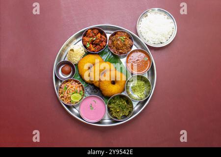 South Indian Non-Veg Thali With curry and rice Stock Photo