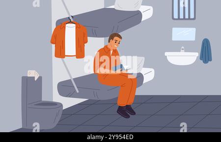Man in prisoners cell. Serving time for crime. Violation of law. Arrested guy in orange uniform reading book or bible. Jail cage interior. Convicted l Stock Vector