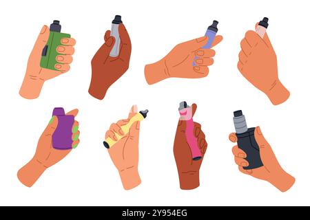 Male and female hands holding vapes. Modern nicotine free gadgets. Electronic cigarettes. Tobacco smoking. Unhealthy addiction. Smoke simulating. Vapi Stock Vector