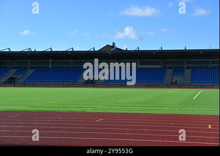 This photo captures a stadium scene with a view of the track and field in the foreground. The red track contrasts with the bright green artificial tur Stock Photo