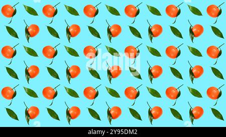 Background of tangerines based on seamless pattern. Bright orange citrus fruits on blue background. Stock Photo