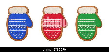 Christmas cookies.  Three gingerbread cookies in the shape of a mitten isolated on a white background. Stock Photo