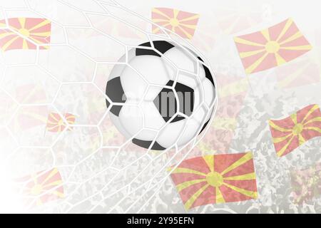 National Football team of North Macedonia scored goal. Ball in goal net, while football supporters are waving the North Macedonia flag in the backgrou Stock Vector