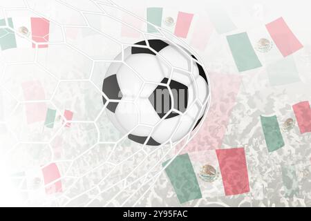 National Football team of Mexico scored goal. Ball in goal net, while football supporters are waving the Mexico flag in the background. Vector illustr Stock Vector