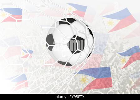 National Football team of Philippines scored goal. Ball in goal net, while football supporters are waving the Philippines flag in the background. Vect Stock Vector