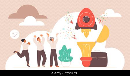 Business project management, start and implementation by happy team of employees. Tiny people celebrate success process development, rocket flying out of open light bulb cartoon vector illustration Stock Vector