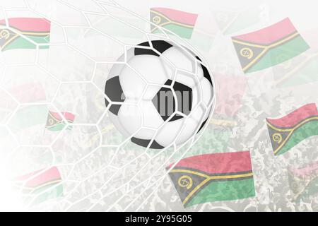 National Football team of Vanuatu scored goal. Ball in goal net, while football supporters are waving the Vanuatu flag in the background. Vector illus Stock Vector