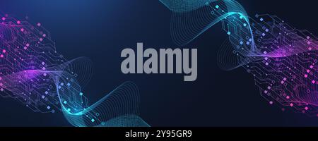 Digital technology abstract background with AI circuit board texture. Technology connected blue lines with electronics elements on tech BG Stock Vector