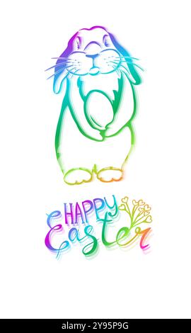 Rabbit banner colored. Happy Easter card. Neon gradient bunny with egg. hand drawn. Not AI, Vector illustration Stock Vector