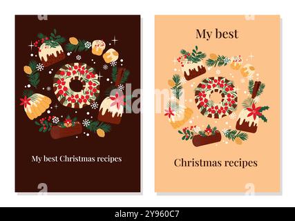 Hand drawn templates for recipe book cover. Vector desigh with Christmas traditional cakes and desserts. Stock Vector