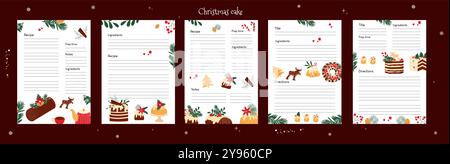 Hand drawn templates for recipe book pages. Vector desigh with Christmas traditional cakes and desserts. Stock Vector