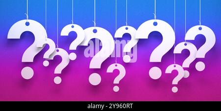 Blue and pink background, hanging question marks. Stock Photo