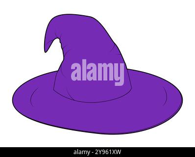 Purple Witch Hat Magic Head Fashion accessory cap with wide brim clothing technical illustration. Vector headgear for Men, women, unisex style, flat template CAD mockup sketch outline isolated Stock Vector