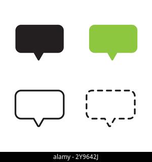 Speech bubble icons in four different styles: solid black, green, outlined, and dashed. Minimalist design for communication themes. Stock Vector