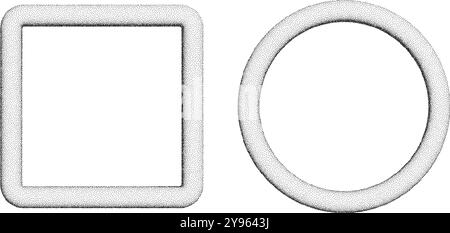 3d halftone frames, square and circle stipple forms, black splatter shapes isolated on white. Stock Vector